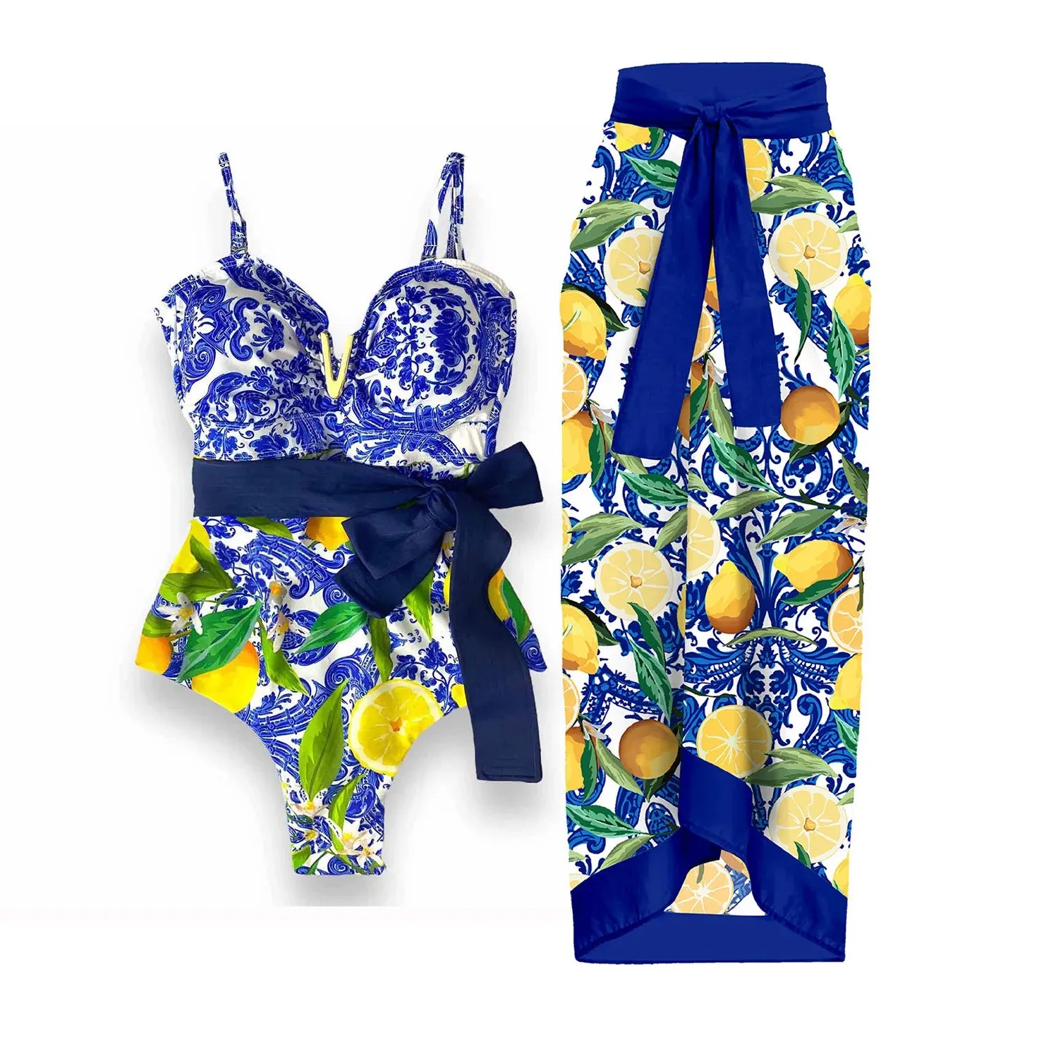 Porcelain Lemon Print Shoulder Ruffle Swimsuit With Cover Up