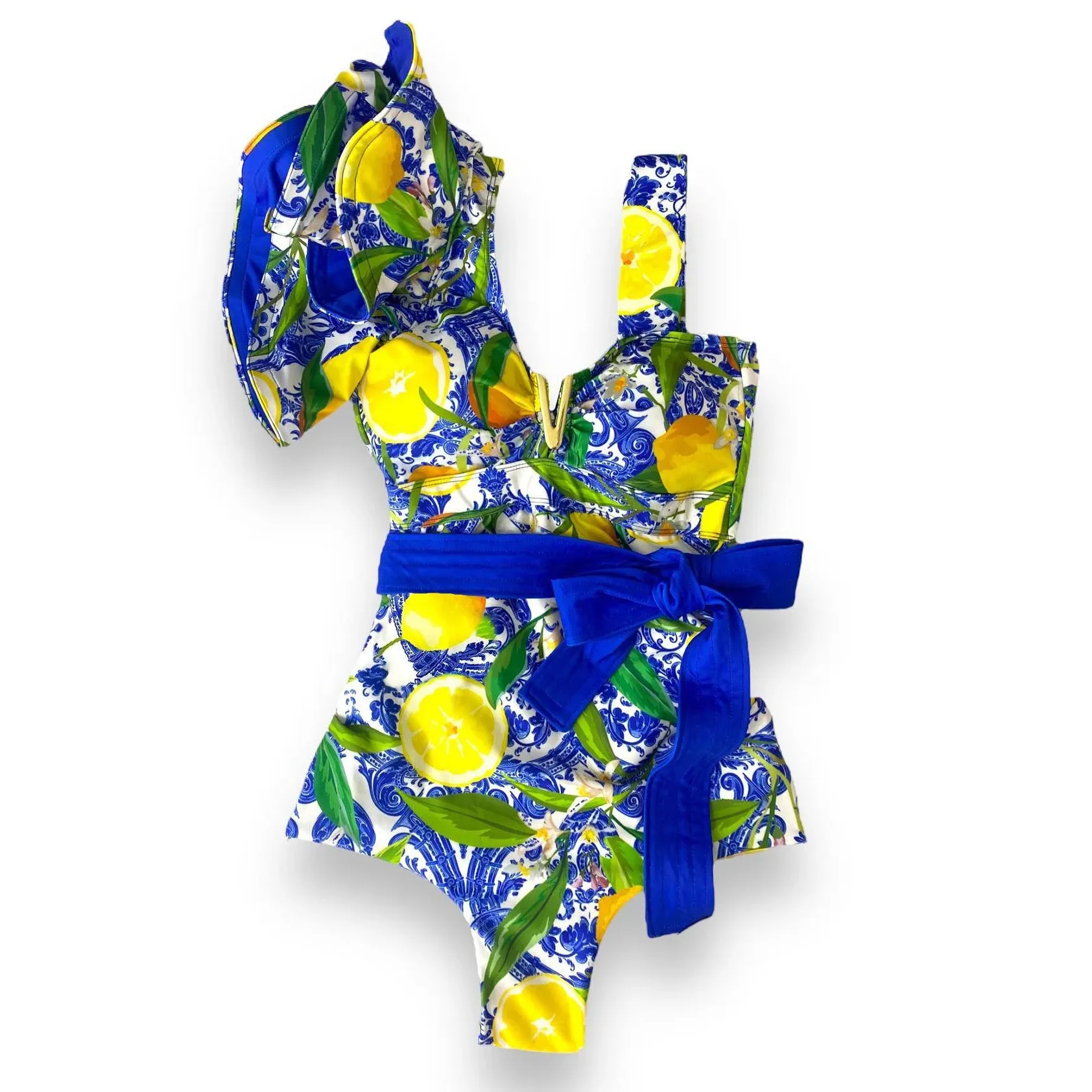 Porcelain Lemon Print Shoulder Ruffle Swimsuit With Cover Up