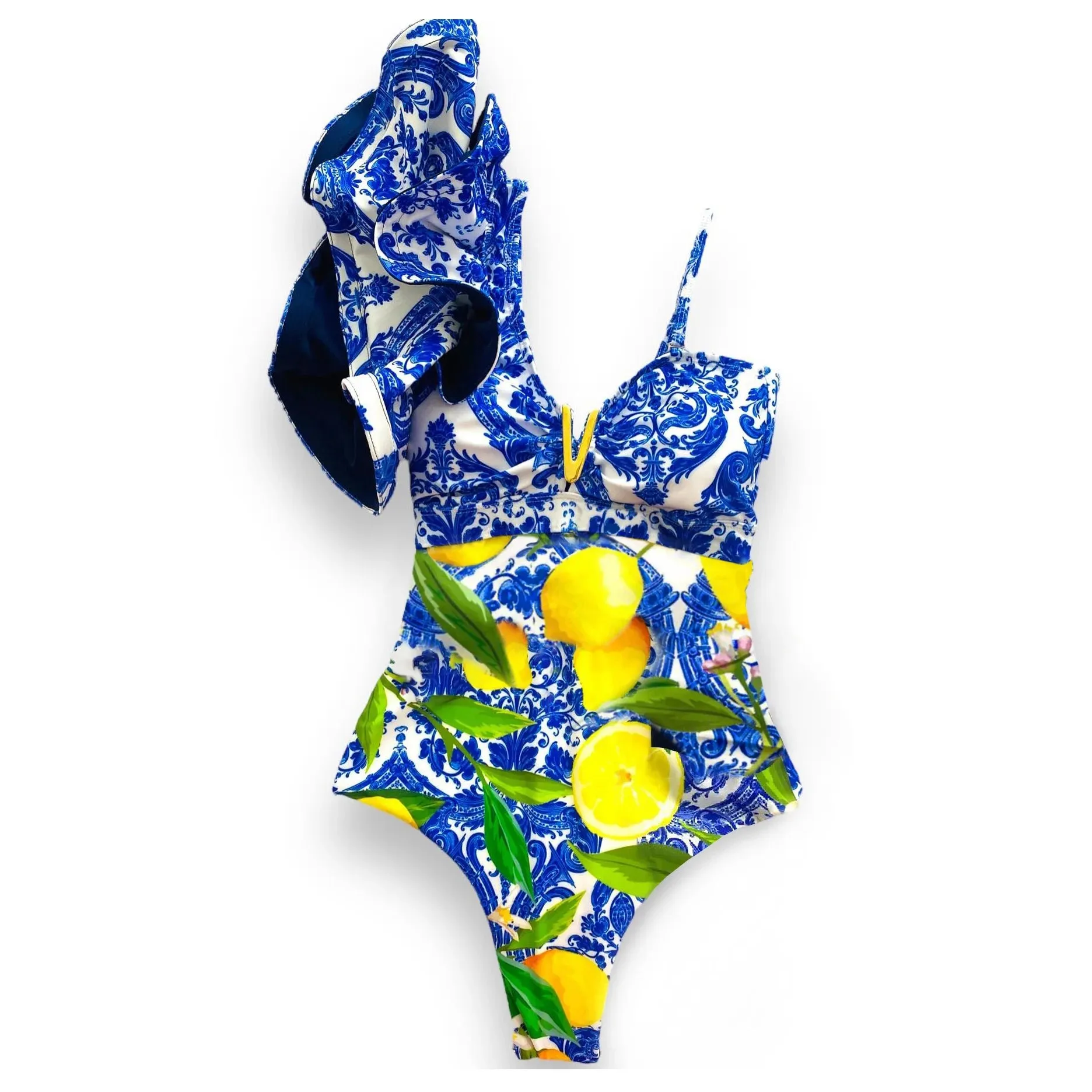 Porcelain Lemon Print Shoulder Ruffle Swimsuit With Cover Up