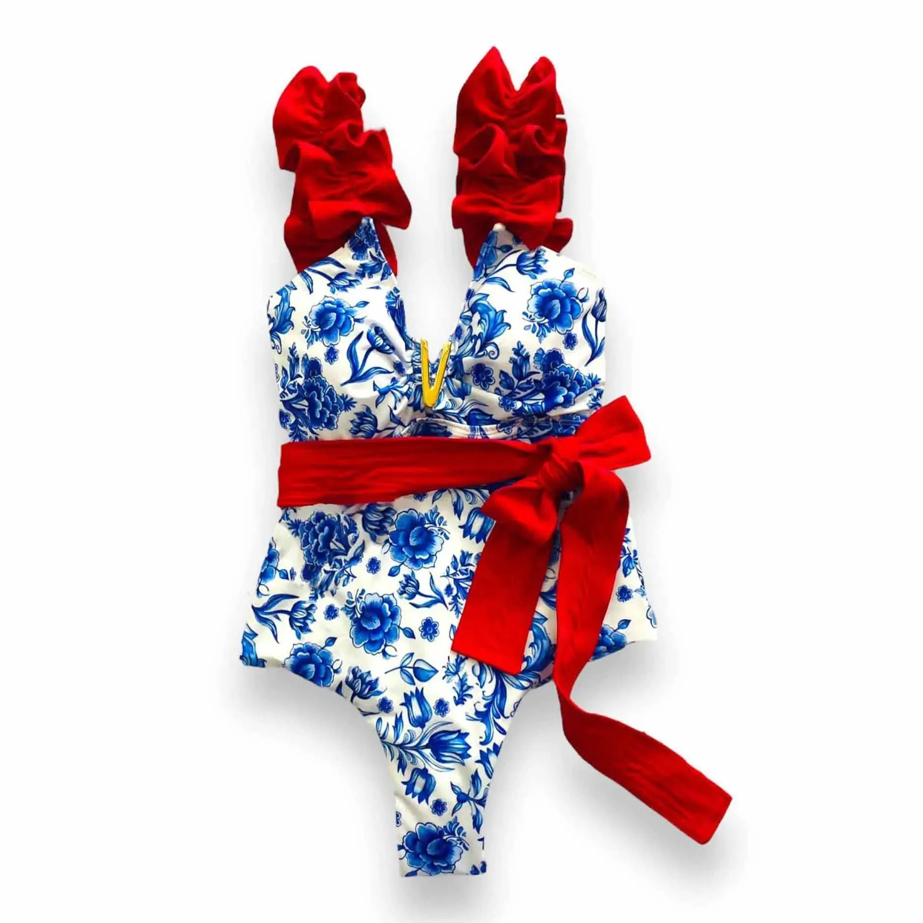 Porcelain Lemon Print Shoulder Ruffle Swimsuit With Cover Up