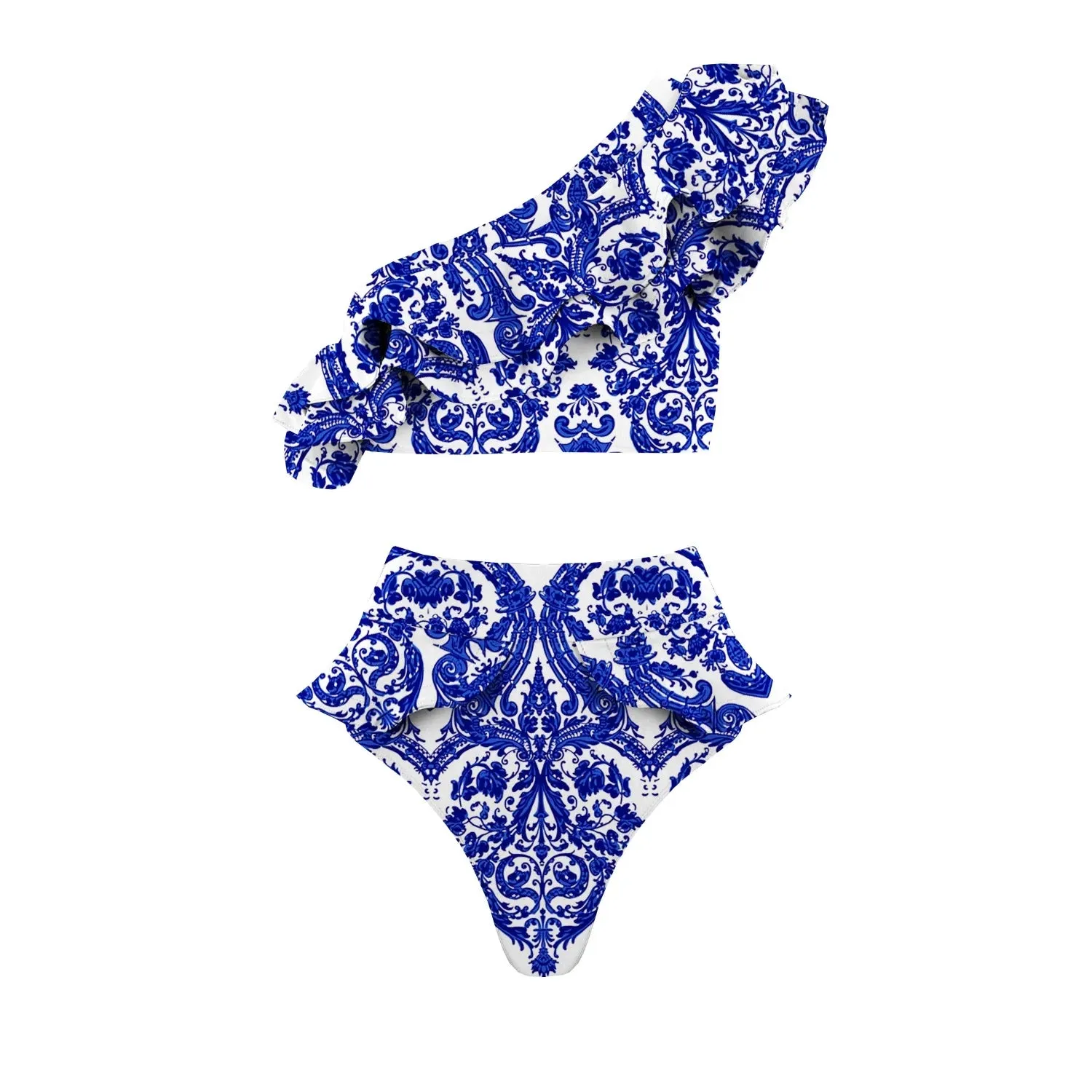 Porcelain Lemon Print Shoulder Ruffle Swimsuit With Cover Up