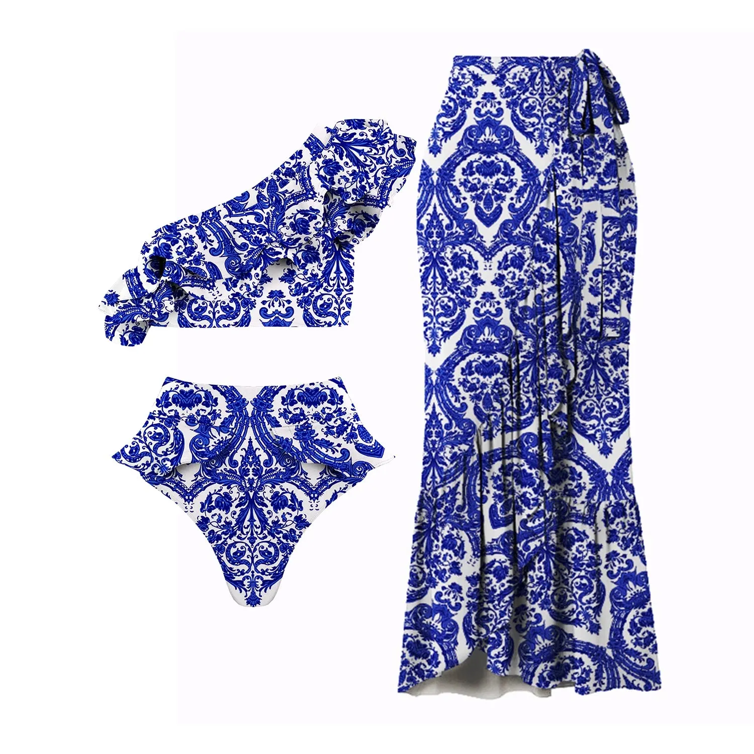 Porcelain Lemon Print Shoulder Ruffle Swimsuit With Cover Up