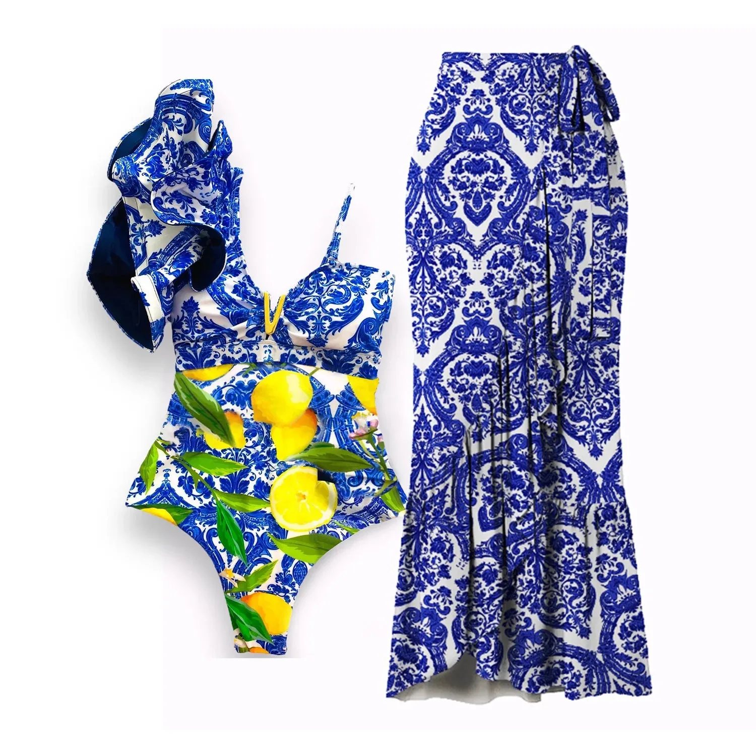 Porcelain Lemon Print Shoulder Ruffle Swimsuit With Cover Up