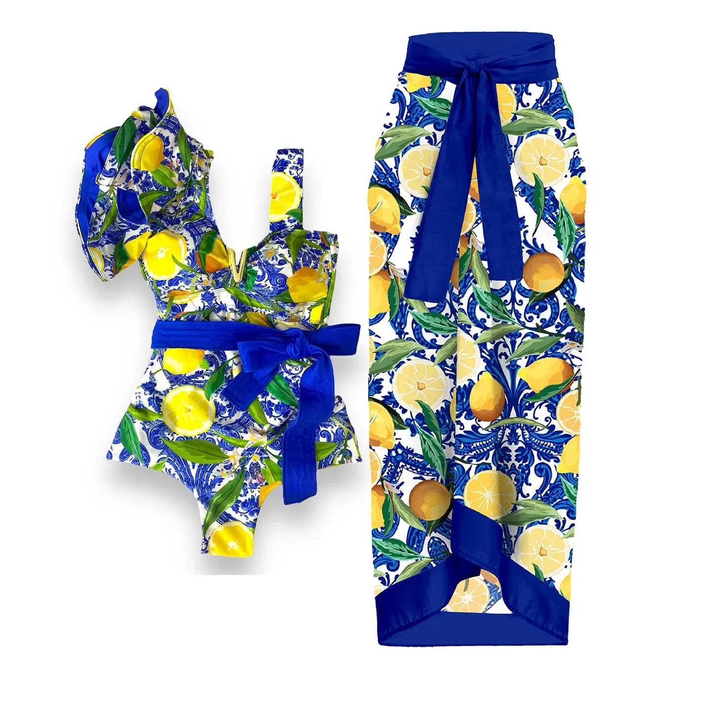 Porcelain Lemon Print Shoulder Ruffle Swimsuit With Cover Up