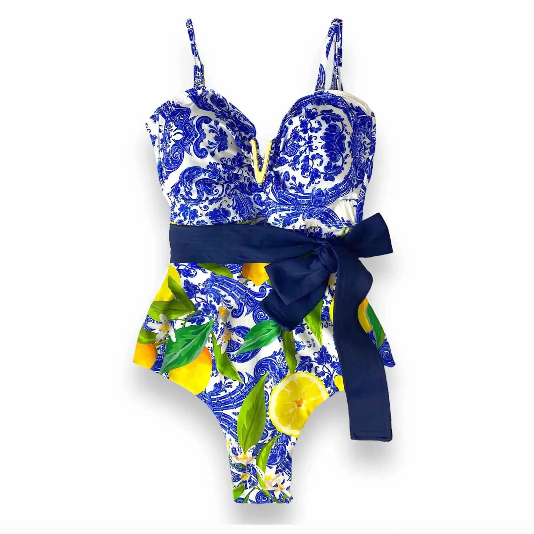 Porcelain Lemon Print Shoulder Ruffle Swimsuit With Cover Up