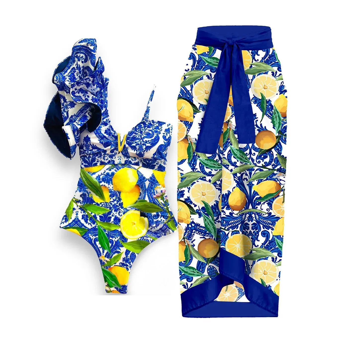Porcelain Lemon Print Shoulder Ruffle Swimsuit With Cover Up