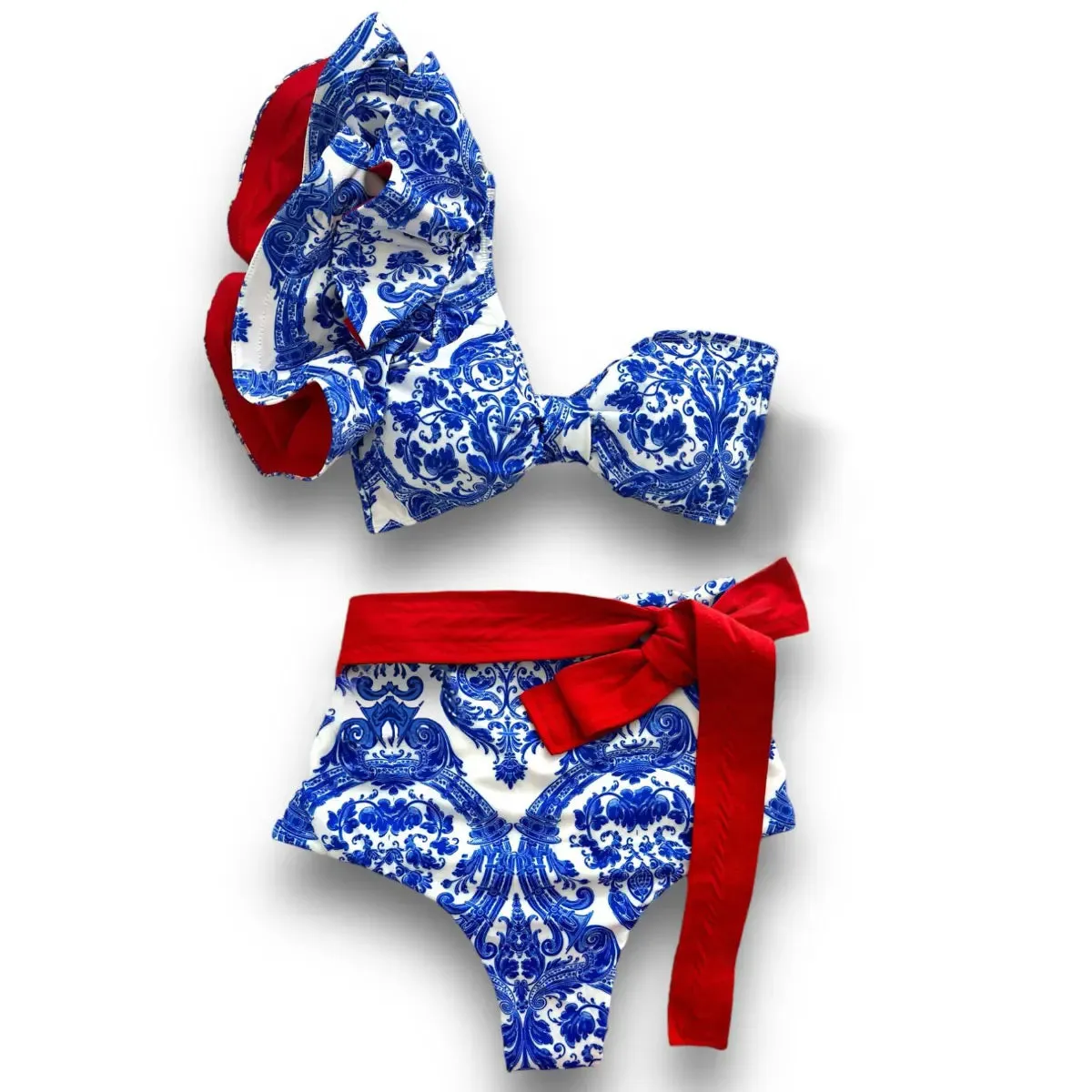 Porcelain Lemon Print Shoulder Ruffle Swimsuit With Cover Up