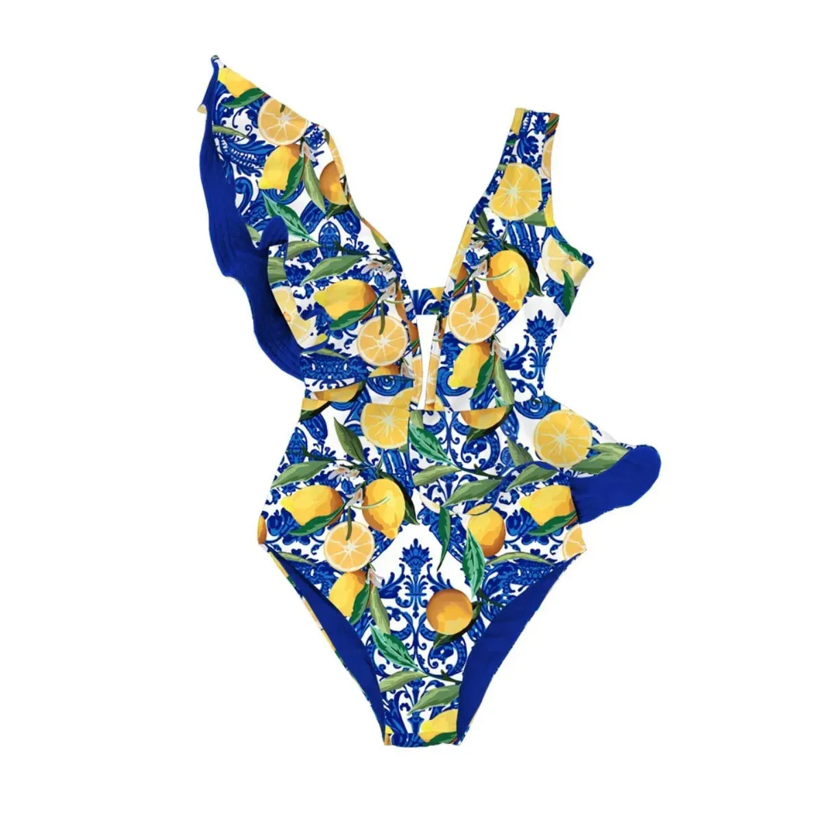 Porcelain Lemon Print Shoulder Ruffle Swimsuit With Cover Up
