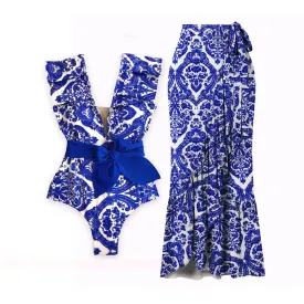 Porcelain Lemon Print Shoulder Ruffle Swimsuit With Cover Up