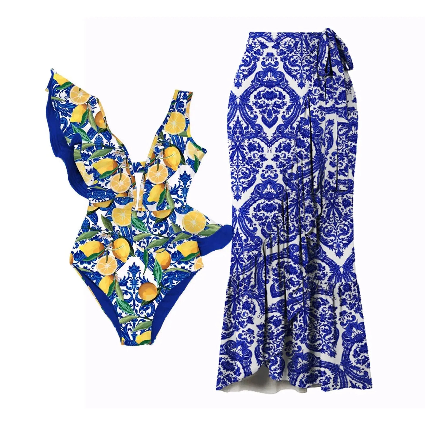 Porcelain Lemon Print Shoulder Ruffle Swimsuit With Cover Up