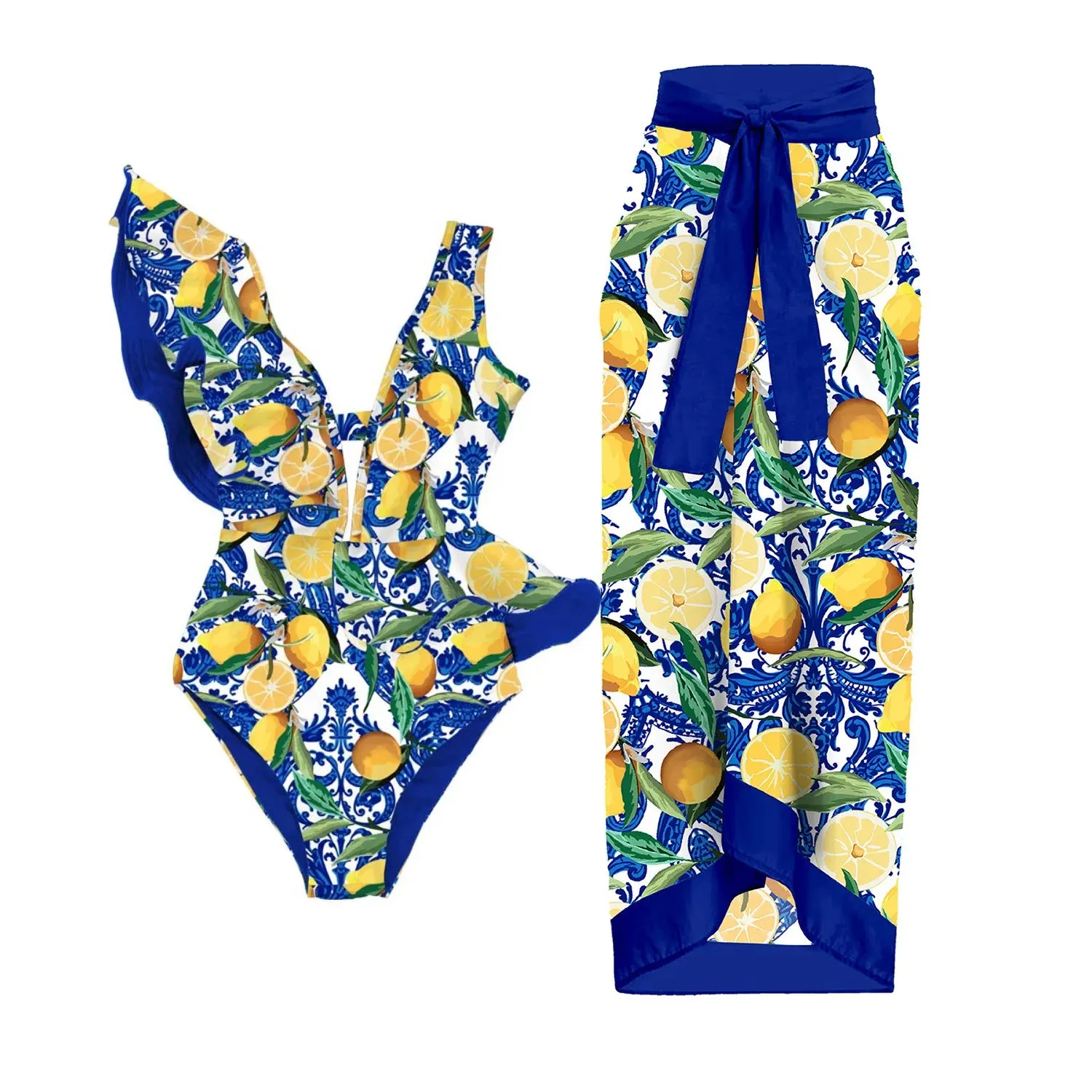 Porcelain Lemon Print Shoulder Ruffle Swimsuit With Cover Up