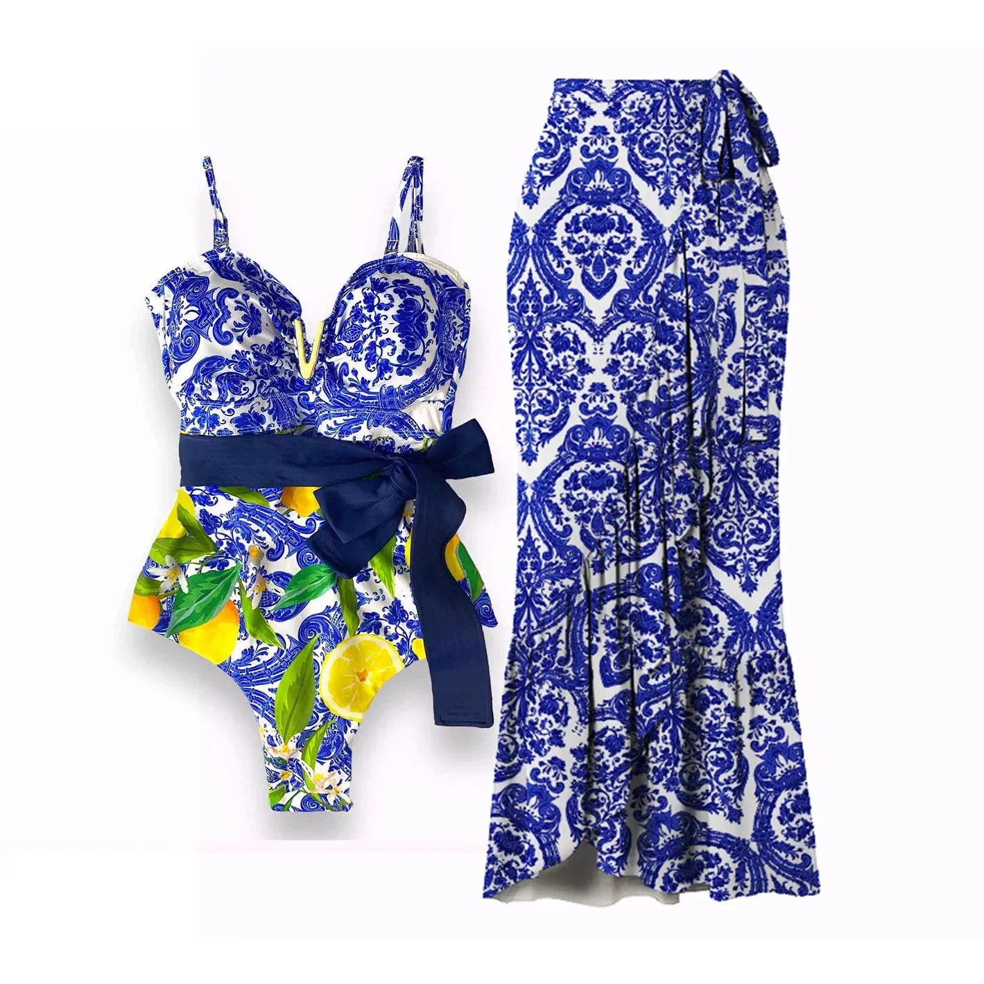 Porcelain Lemon Print Shoulder Ruffle Swimsuit With Cover Up