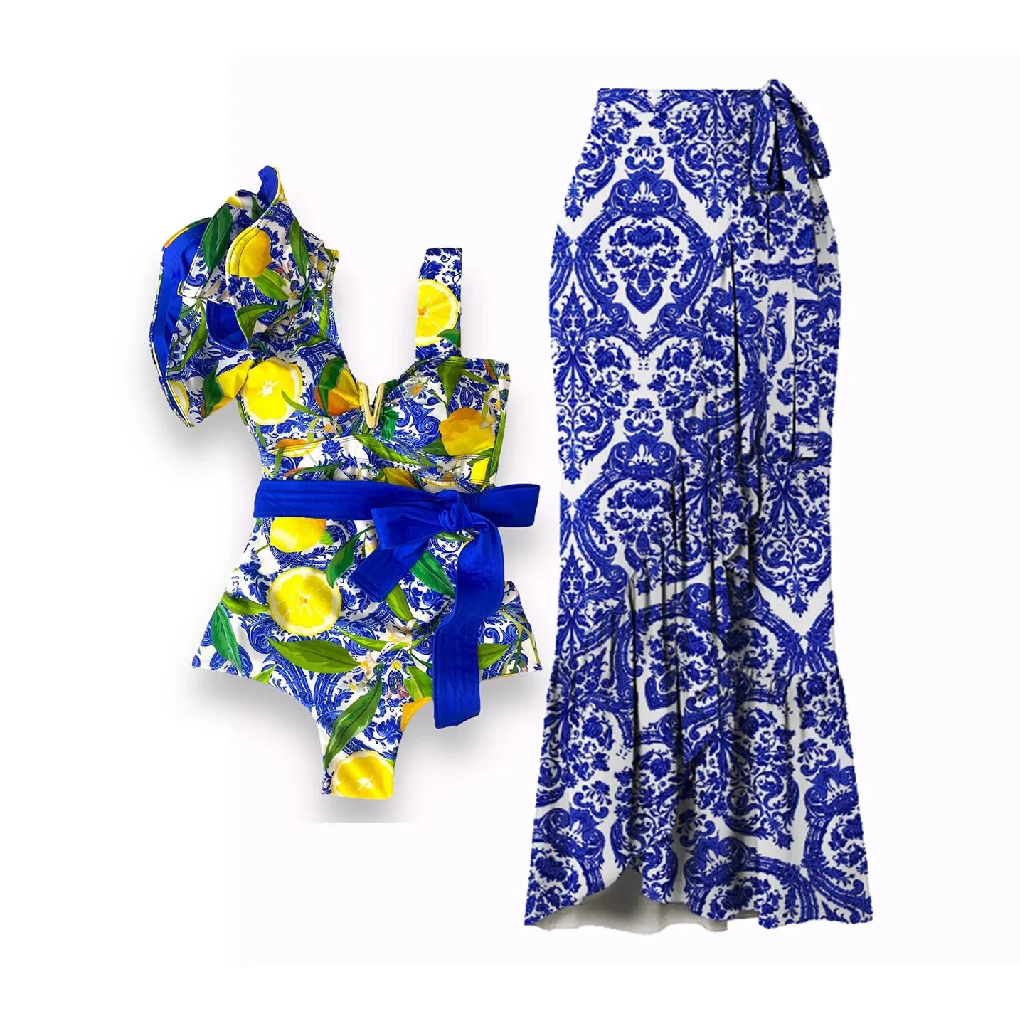 Porcelain Lemon Print Shoulder Ruffle Swimsuit With Cover Up