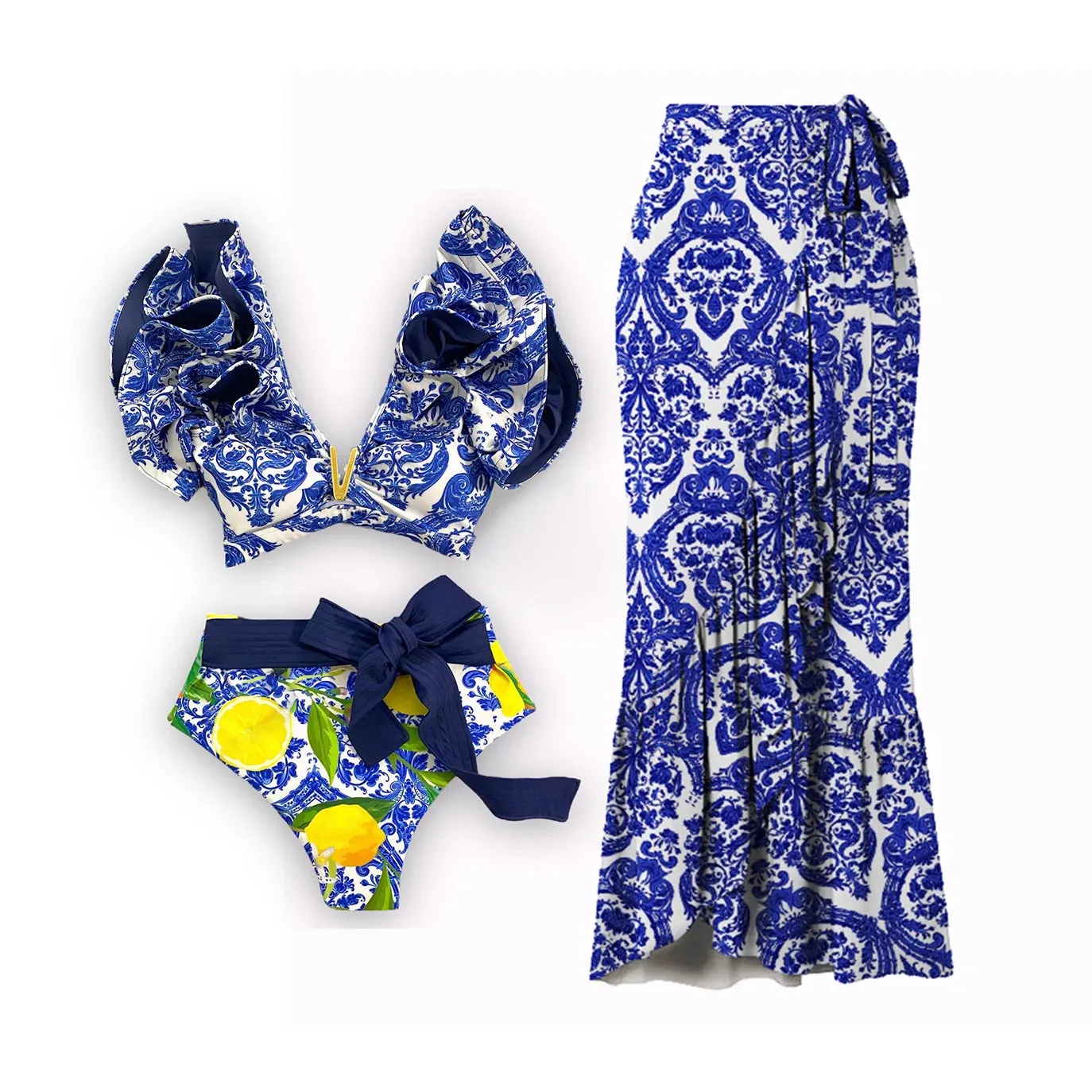 Porcelain Lemon Print Shoulder Ruffle Swimsuit With Cover Up