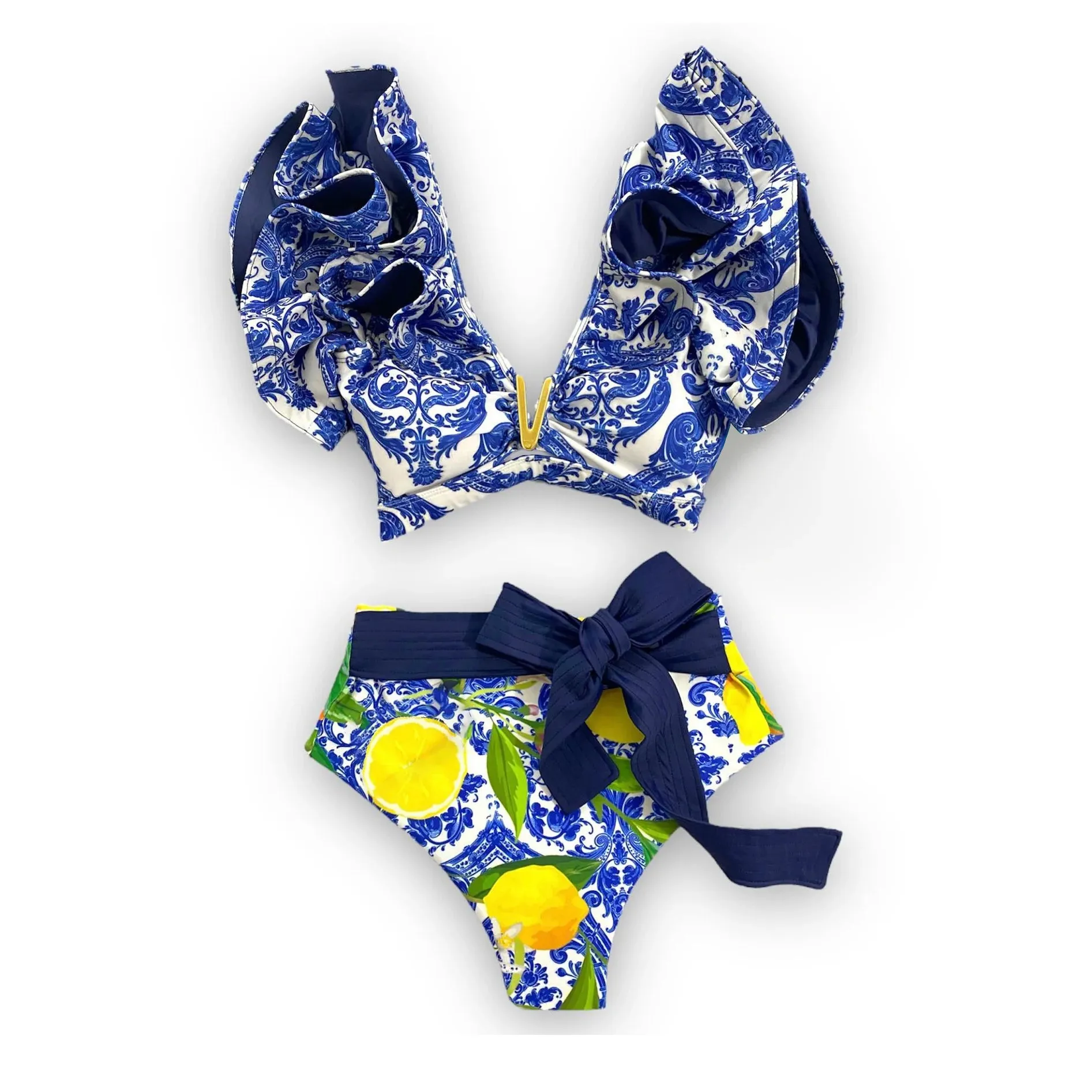 Porcelain Lemon Print Shoulder Ruffle Swimsuit With Cover Up