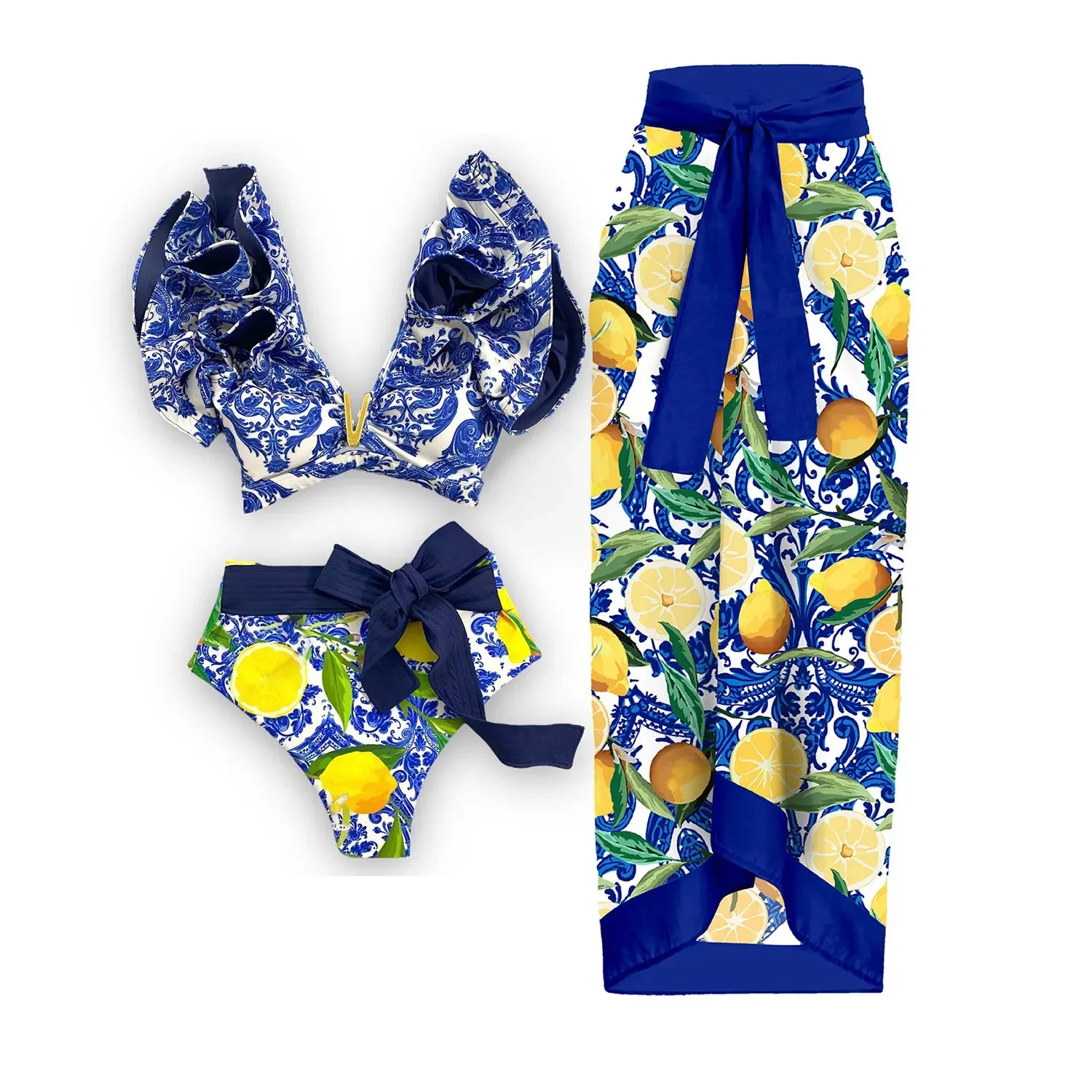 Porcelain Lemon Print Shoulder Ruffle Swimsuit With Cover Up