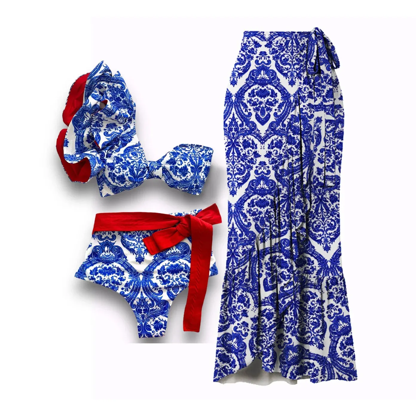 Porcelain Lemon Print Shoulder Ruffle Swimsuit With Cover Up