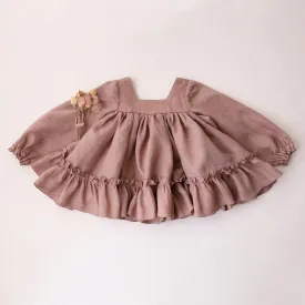 Rose Smoke Linen Long Sleeve Ruffled Hem Top