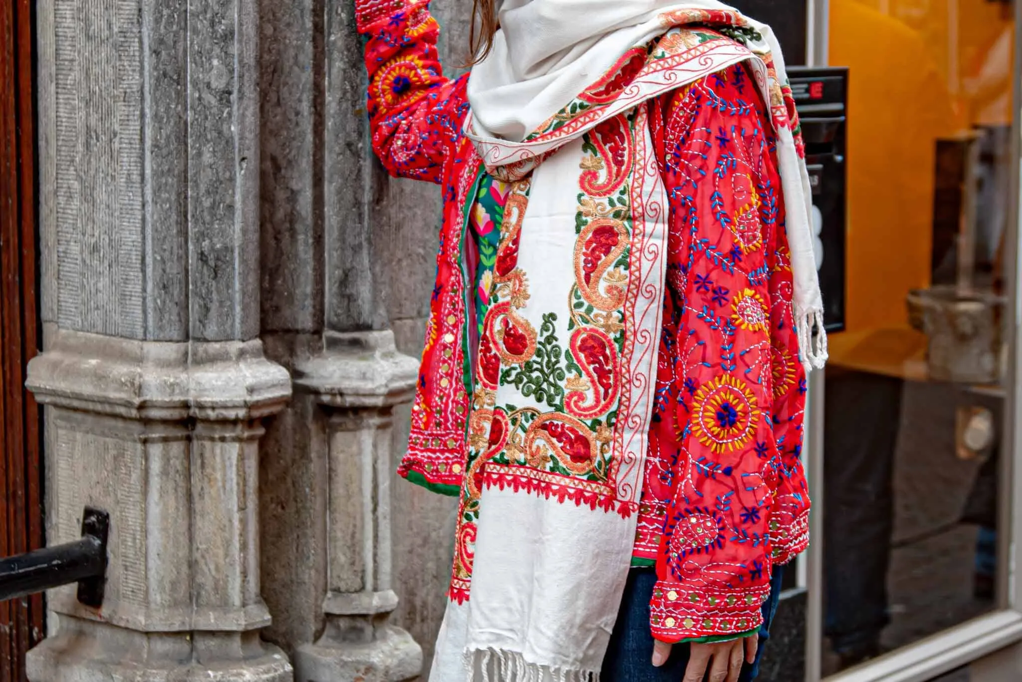 Shanila embroidery handmade scarf - white mountain- one of a kind