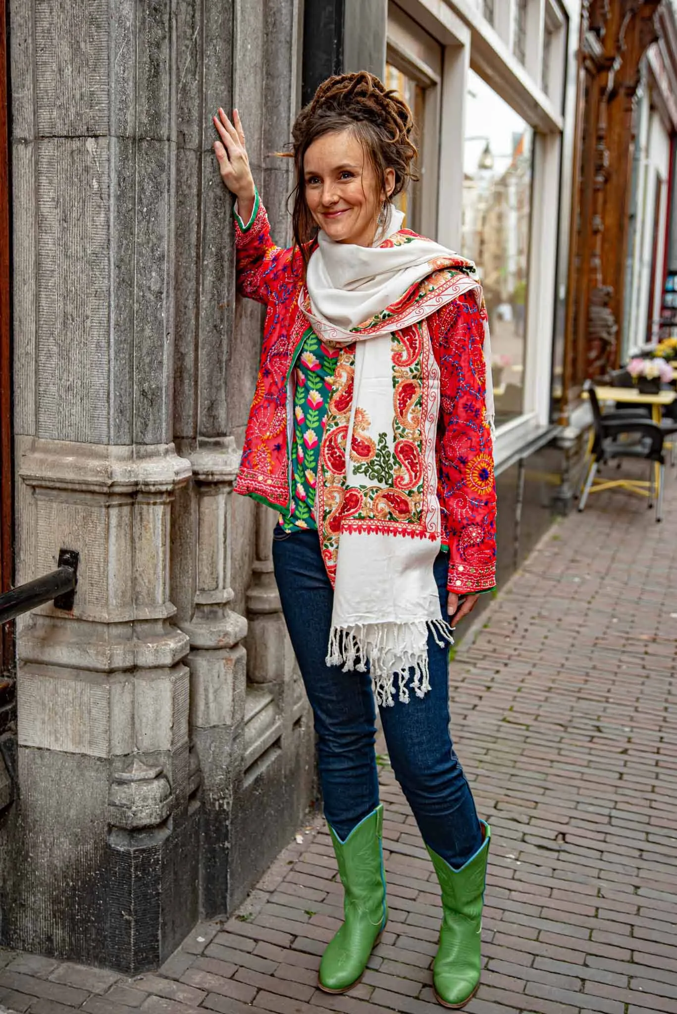 Shanila embroidery handmade scarf - white mountain- one of a kind
