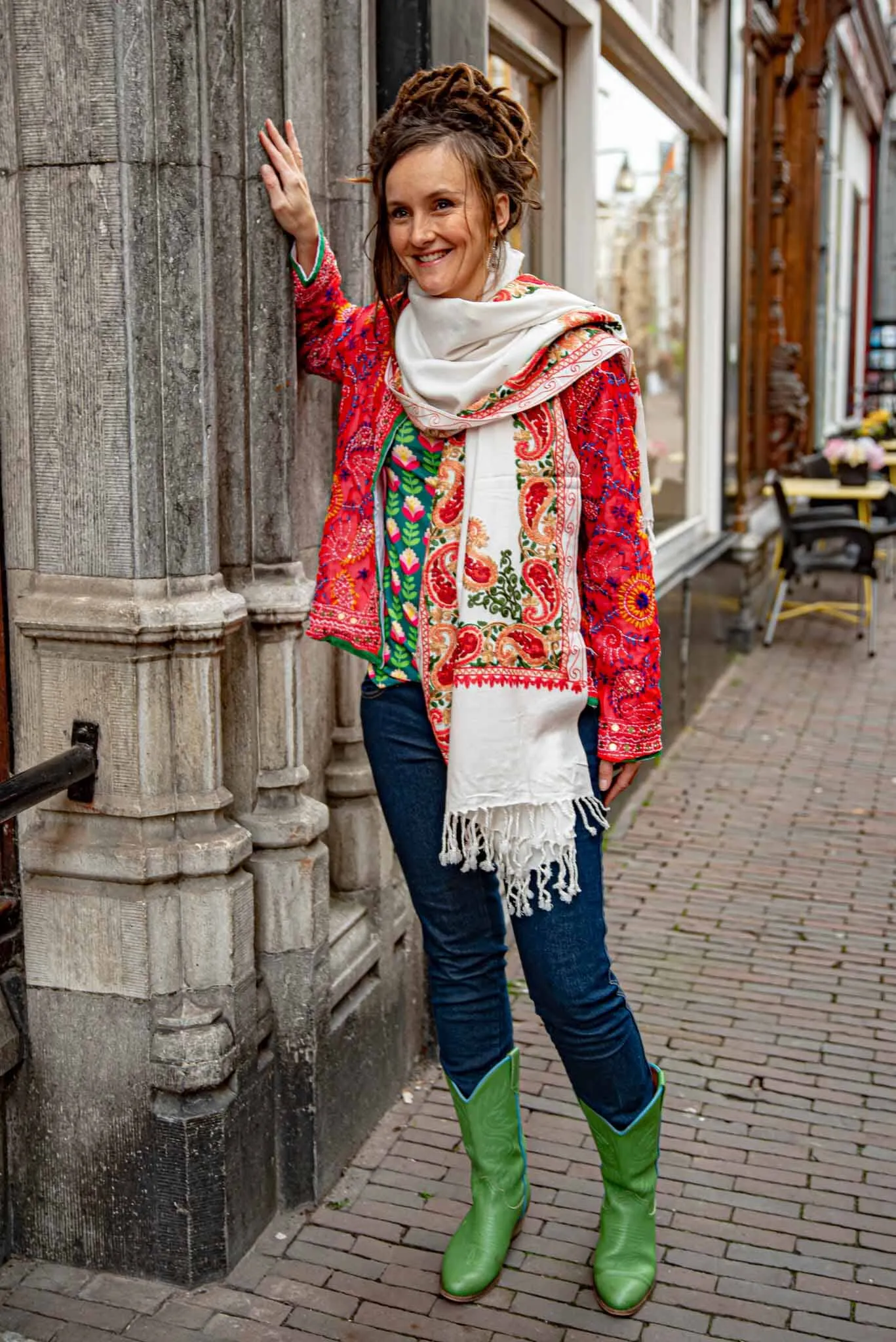 Shanila embroidery handmade scarf - white mountain- one of a kind