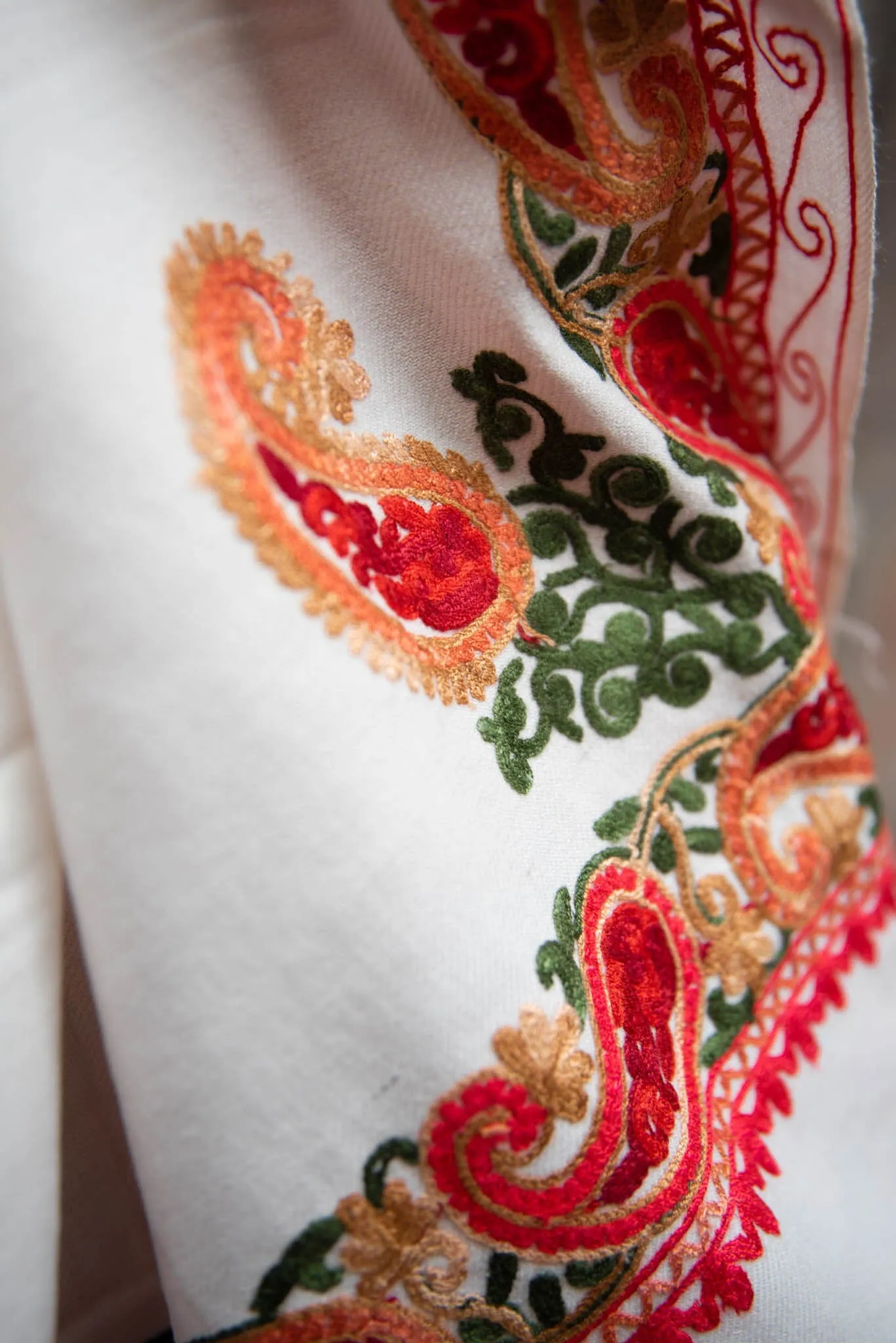 Shanila embroidery handmade scarf - white mountain- one of a kind