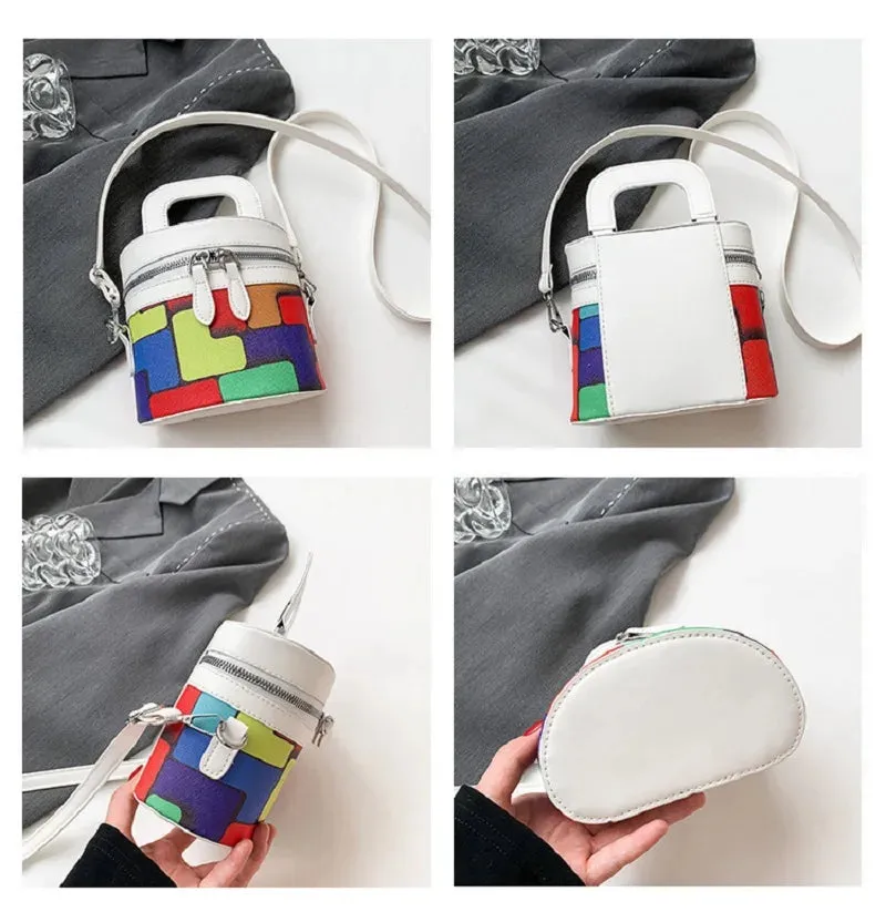 Sohiwoo New Trendy Women Mini Colorful Painting Leather Bucket Bag Lady Luxury Designer Cute Handbag Small Crossbody Purse For Girls