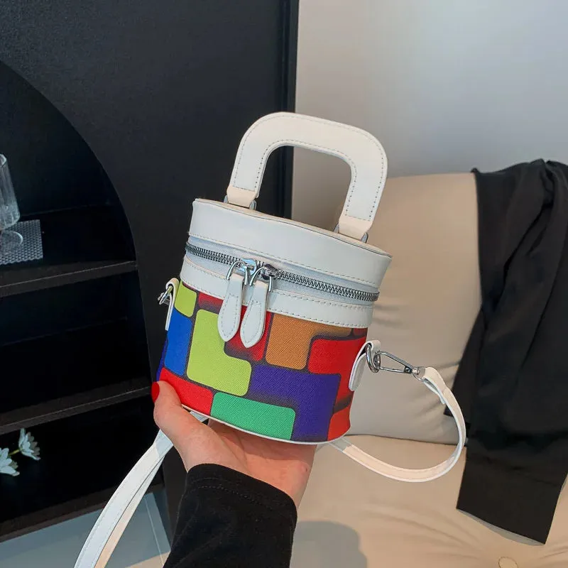 Sohiwoo New Trendy Women Mini Colorful Painting Leather Bucket Bag Lady Luxury Designer Cute Handbag Small Crossbody Purse For Girls