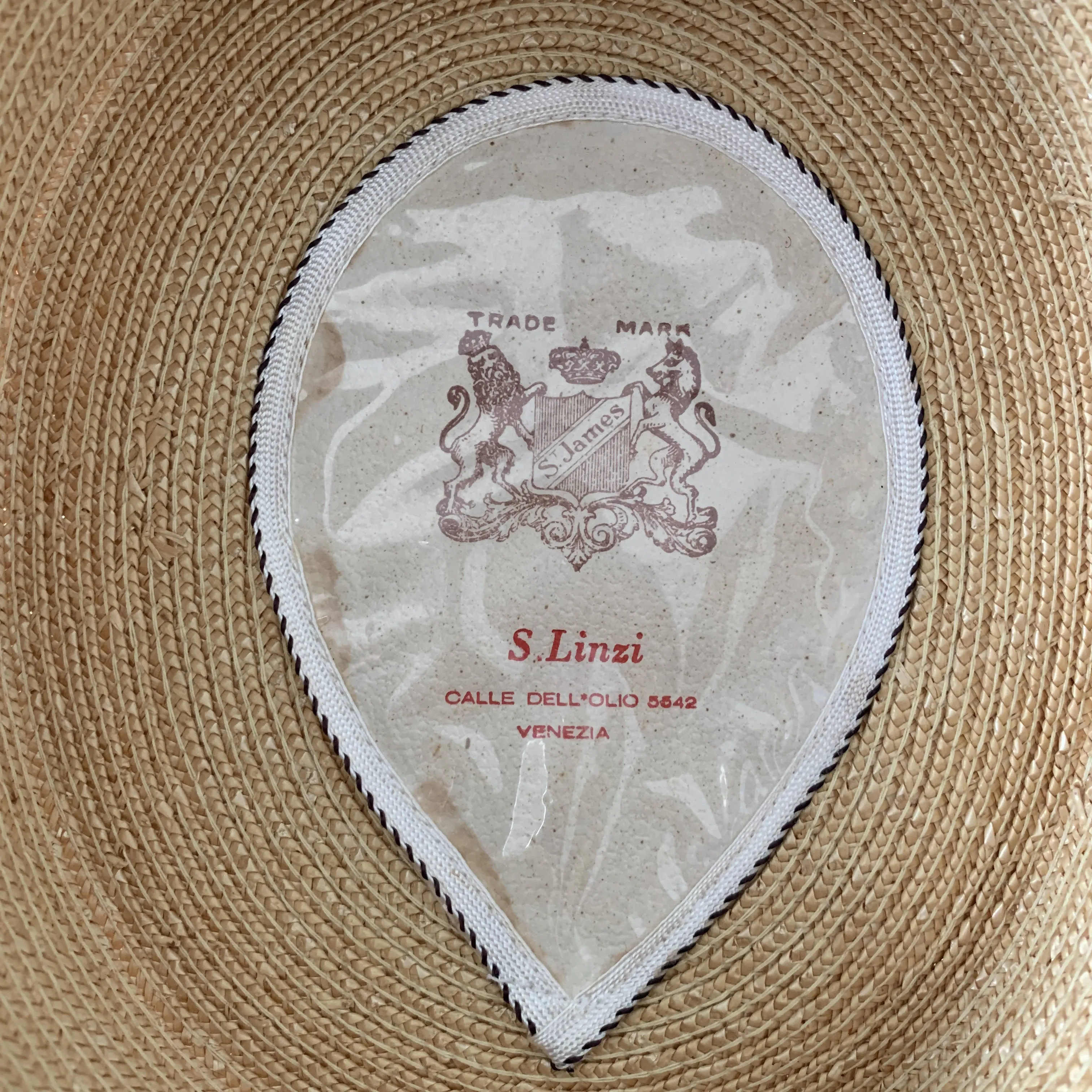 Vintage oversized boater straw hat with blue starp made in Venice, Italy