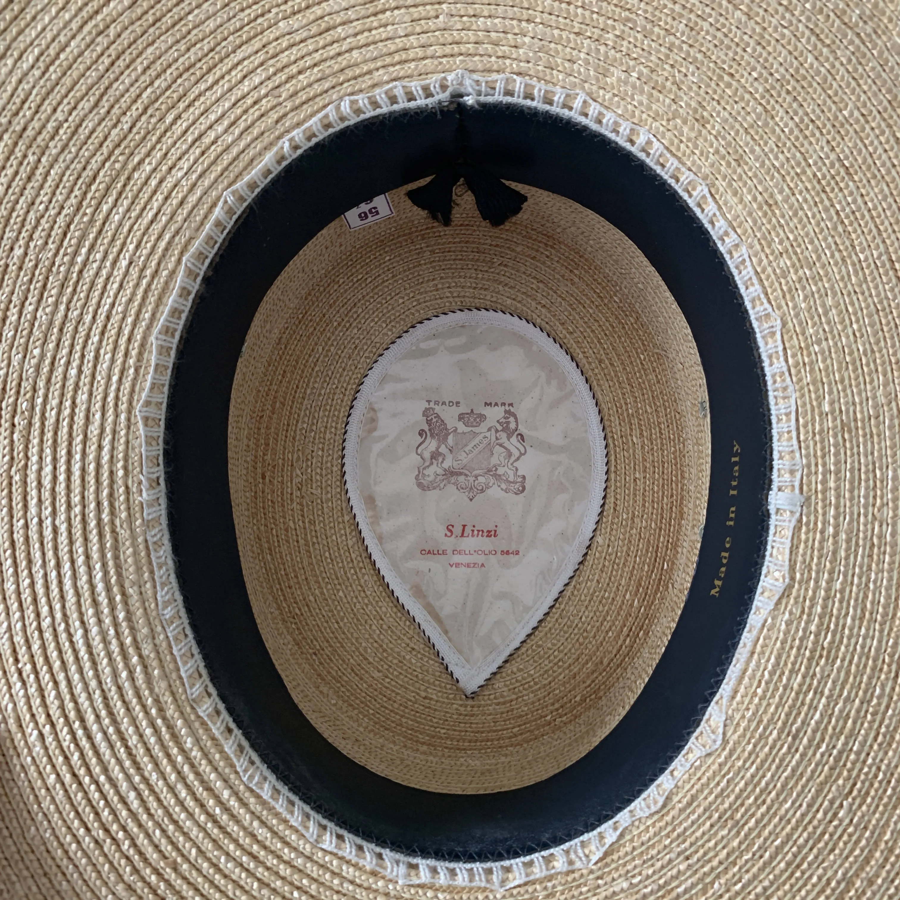 Vintage oversized boater straw hat with blue starp made in Venice, Italy