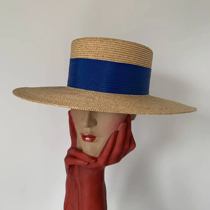 Vintage oversized boater straw hat with blue starp made in Venice, Italy