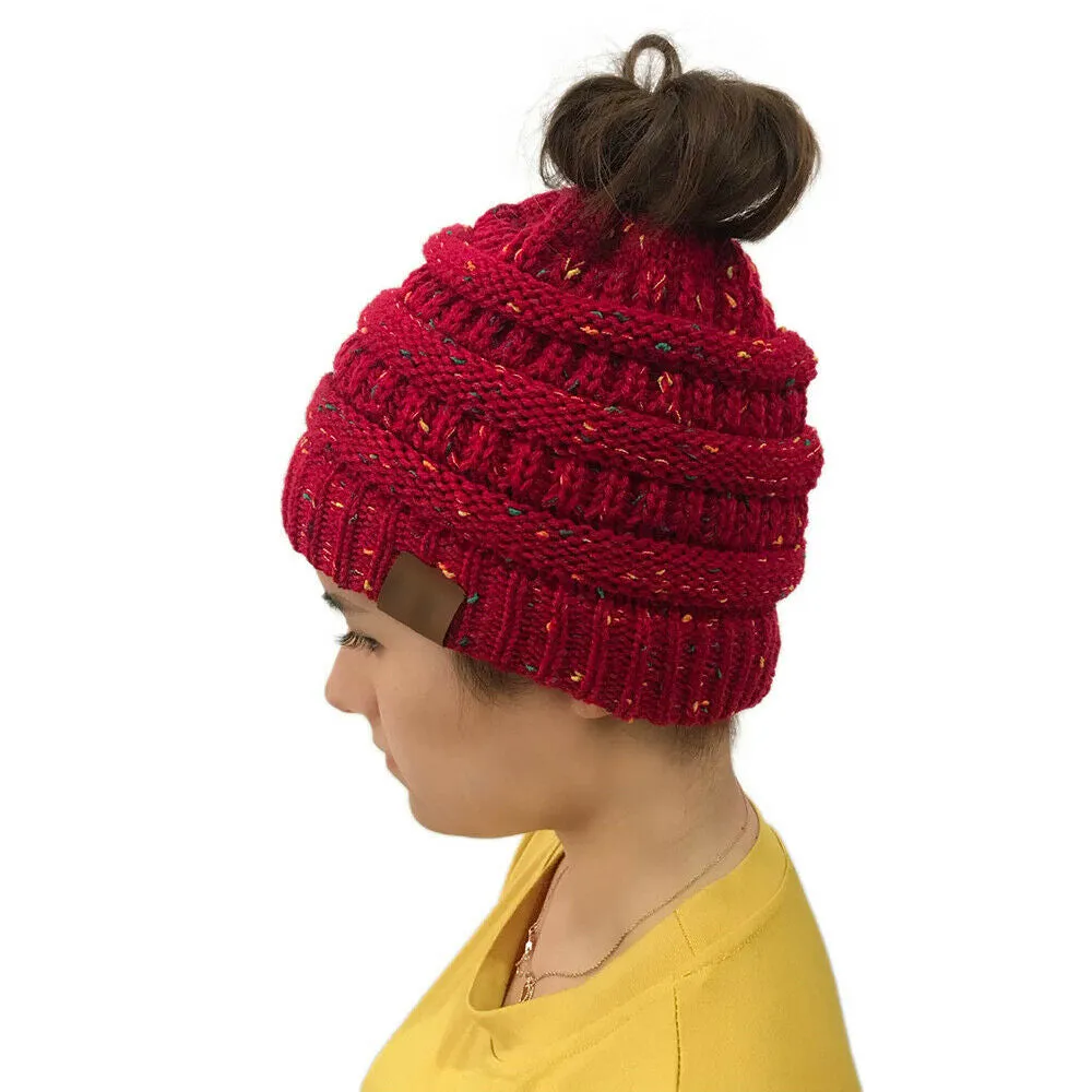 Winter Ponytail Knitted Beanie Hat Warm Confetti Caps