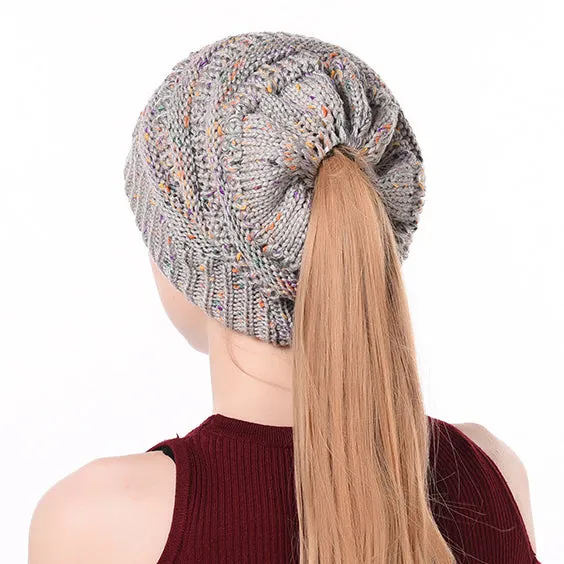 Winter Ponytail Knitted Beanie Hat Warm Confetti Caps