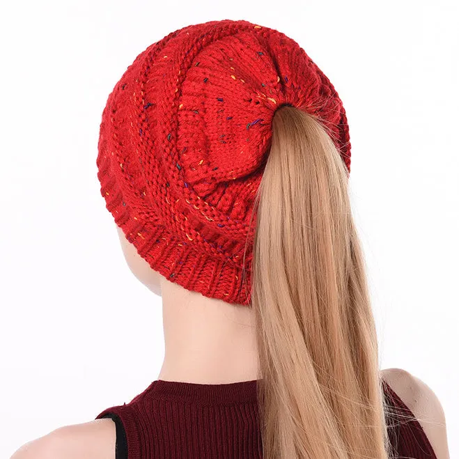 Winter Ponytail Knitted Beanie Hat Warm Confetti Caps