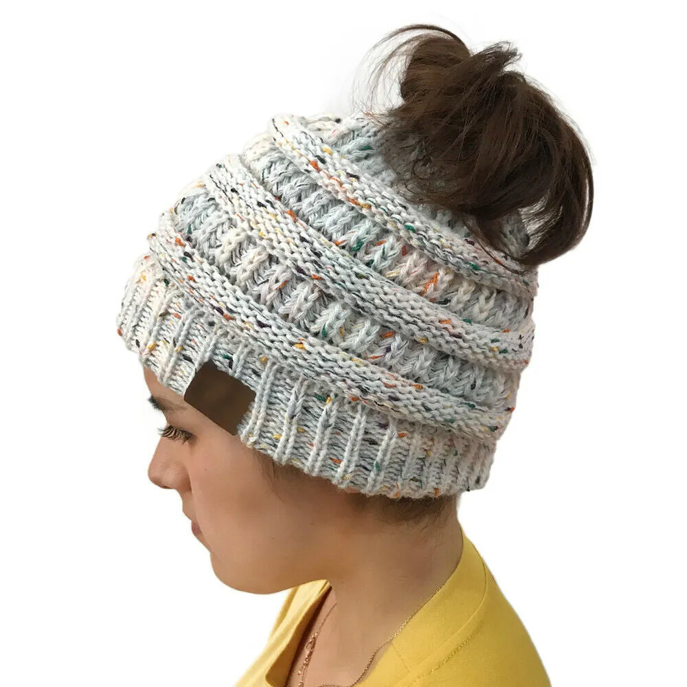 Winter Ponytail Knitted Beanie Hat Warm Confetti Caps