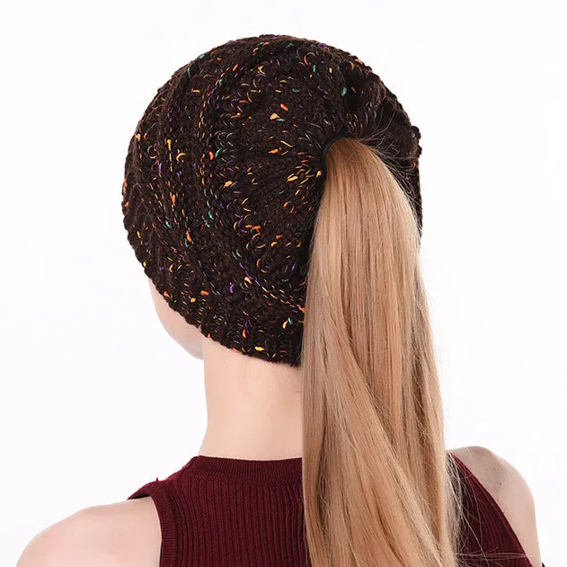 Winter Ponytail Knitted Beanie Hat Warm Confetti Caps