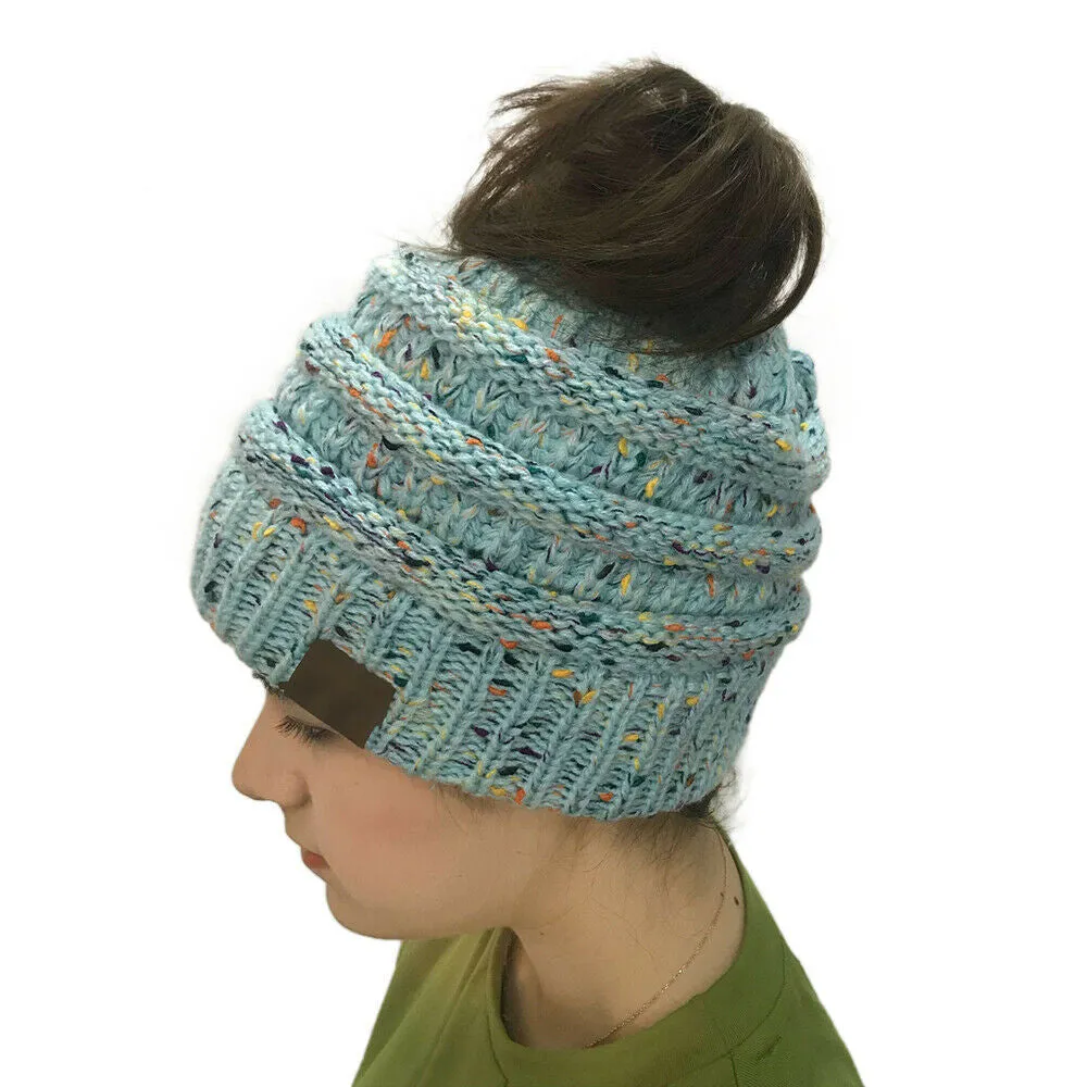 Winter Ponytail Knitted Beanie Hat Warm Confetti Caps