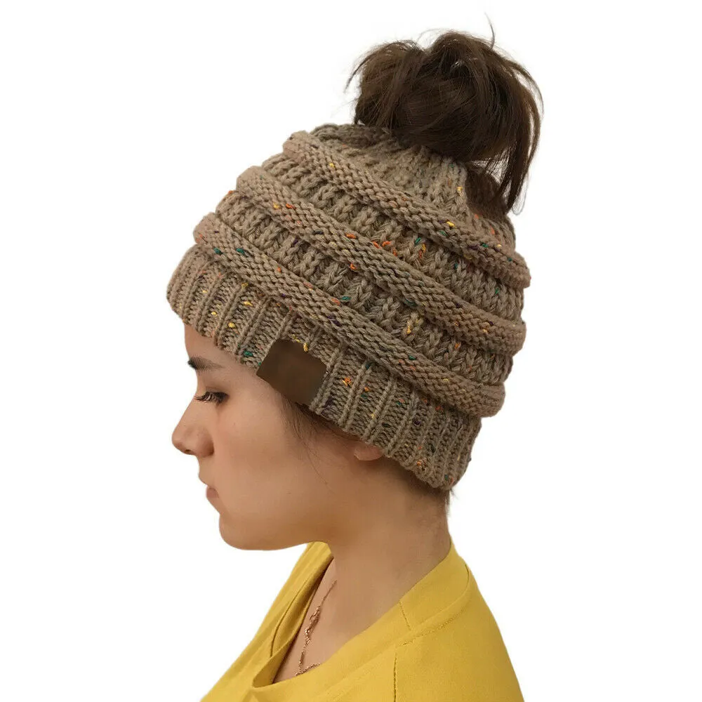 Winter Ponytail Knitted Beanie Hat Warm Confetti Caps
