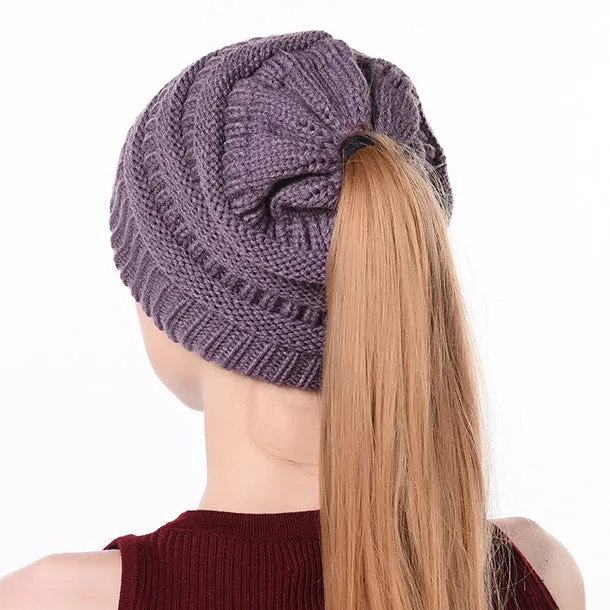 Winter Ponytail Plain Knitted Beanie Hat Warm Caps