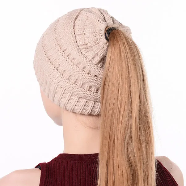 Winter Ponytail Plain Knitted Beanie Hat Warm Caps