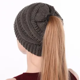 Winter Ponytail Plain Knitted Beanie Hat Warm Caps
