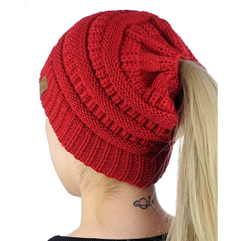 Winter Ponytail Plain Knitted Beanie Hat Warm Caps