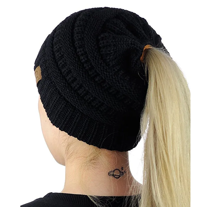 Winter Ponytail Plain Knitted Beanie Hat Warm Caps