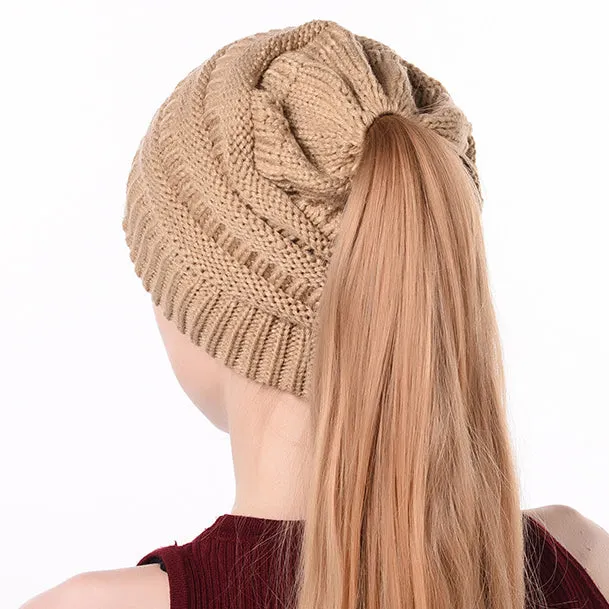 Winter Ponytail Plain Knitted Beanie Hat Warm Caps