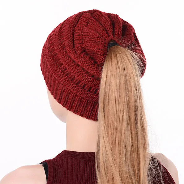 Winter Ponytail Plain Knitted Beanie Hat Warm Caps