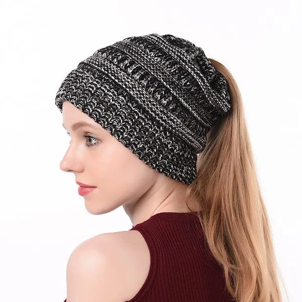 Winter Ponytail Plain Knitted Beanie Hat Warm Caps
