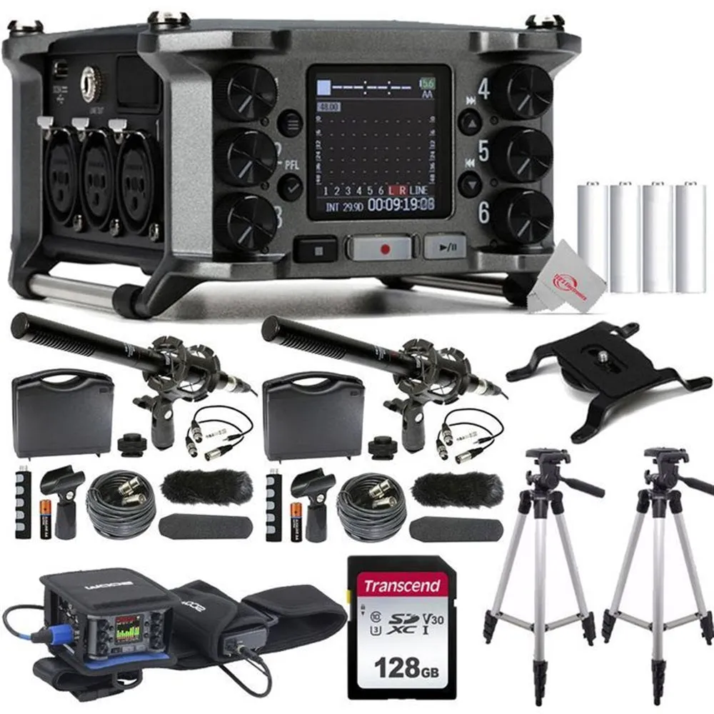 Zoom F6 6-Input / 14-Track Multi-Track Field Recorder   Two VidPro 1"Pr Shotgun Microphone Kit w/ Case and Accessories   128GB Memory Card   Zoom PCF-6 Protective Case   Two Tall Tripod