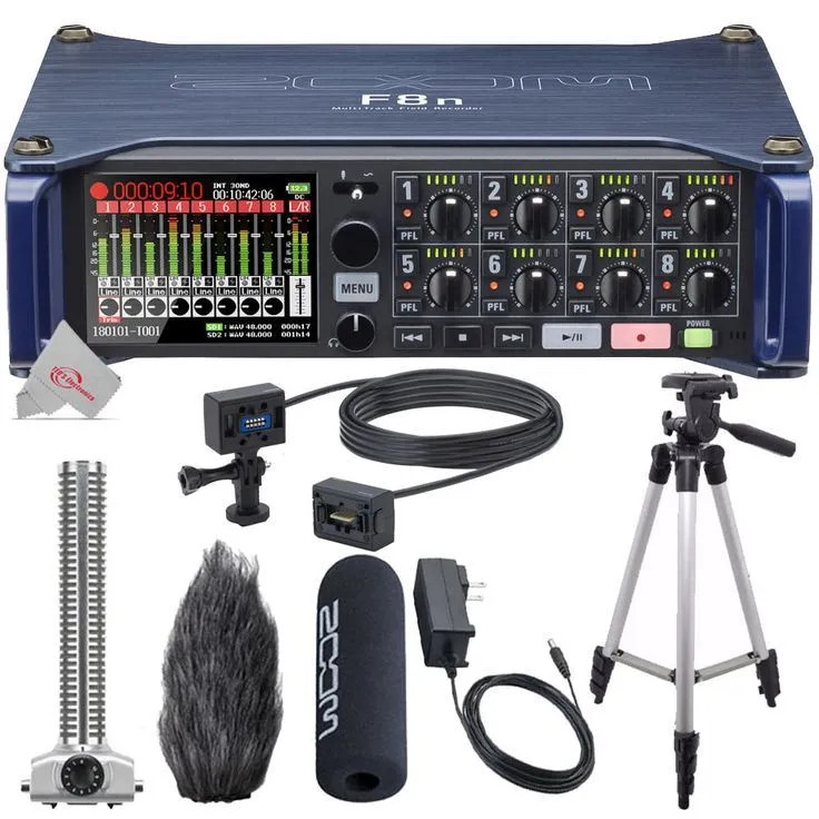 Zoom F8n 8-Input / 10-Track MultiTrack Field Recorder    Zoom SGH-6 Shotgun Microphone Capsule    ZOOM WSS-6 Windscreen    Zoom ECM-6 19.7' Extension Cable with Action Camera Mount   Tall Tripod